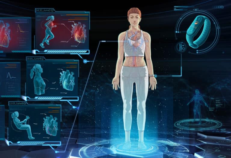 An image of software of a woman showing her circulatory system with bluish images showing her performing different activities and how they affect blood flow to her heart
