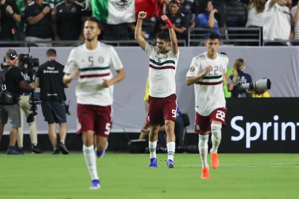 GLENDALE, AZ - JULY 02:  Raul Jimenez of Mexico celebrates after scoring a goal to make it 0-1 during the 2019 CONCACAF Gold Cup Semi Final between Haiti and Mexico at State Farm Stadium on July 2, 2019 in Glendale, Arizona. (Photo by Matthew Ashton - AMA/Getty Images)