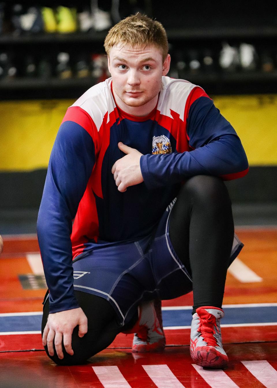 Milton wrestler Mason Pellegri at American Grit gym in Canton on Thursday, Feb. 15, 2024.