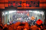 Toronto Raptors fans celebrate their win in the NBA championships in downtown Toronto, Ontario on early June 14, 2019. (Photo by Geoff Robins / AFP) (Photo credit should read GEOFF ROBINS/AFP/Getty Images)