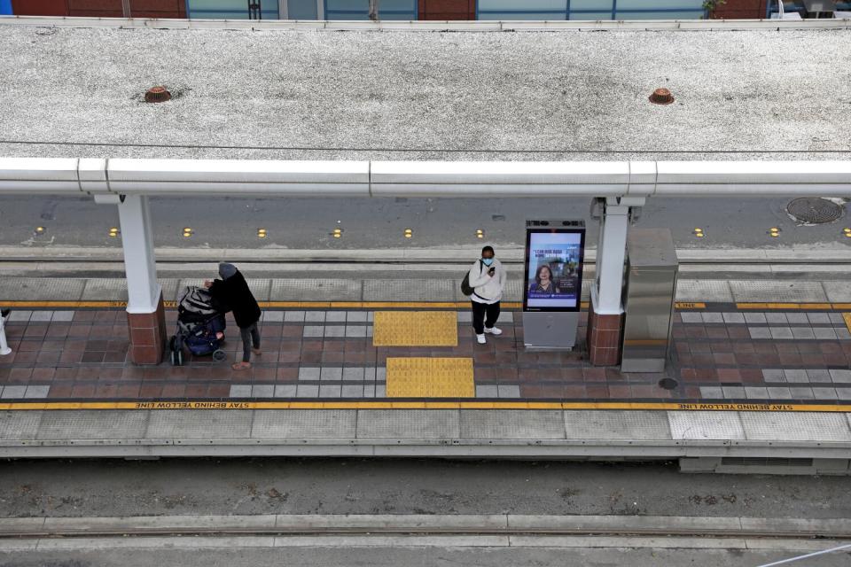 A view looking down in the Blue Line 1st Street station.