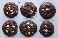 <div class="caption-credit"> Photo by: Joseph De Leo</div><div class="caption-title">Triple Chocolate Madness Cookies</div><i><b><a rel="nofollow noopener" href="http://food52.com/recipes/1221-triple-chocolate-madness-cookies" target="_blank" data-ylk="slk:Get the recipe;elm:context_link;itc:0;sec:content-canvas" class="link ">Get the recipe</a></b>.</i> <br> <br> Never a fan for chocolate chip, I fell in love with the dark chocolate cookie with white chunks and thus the love affair began. - kapnic