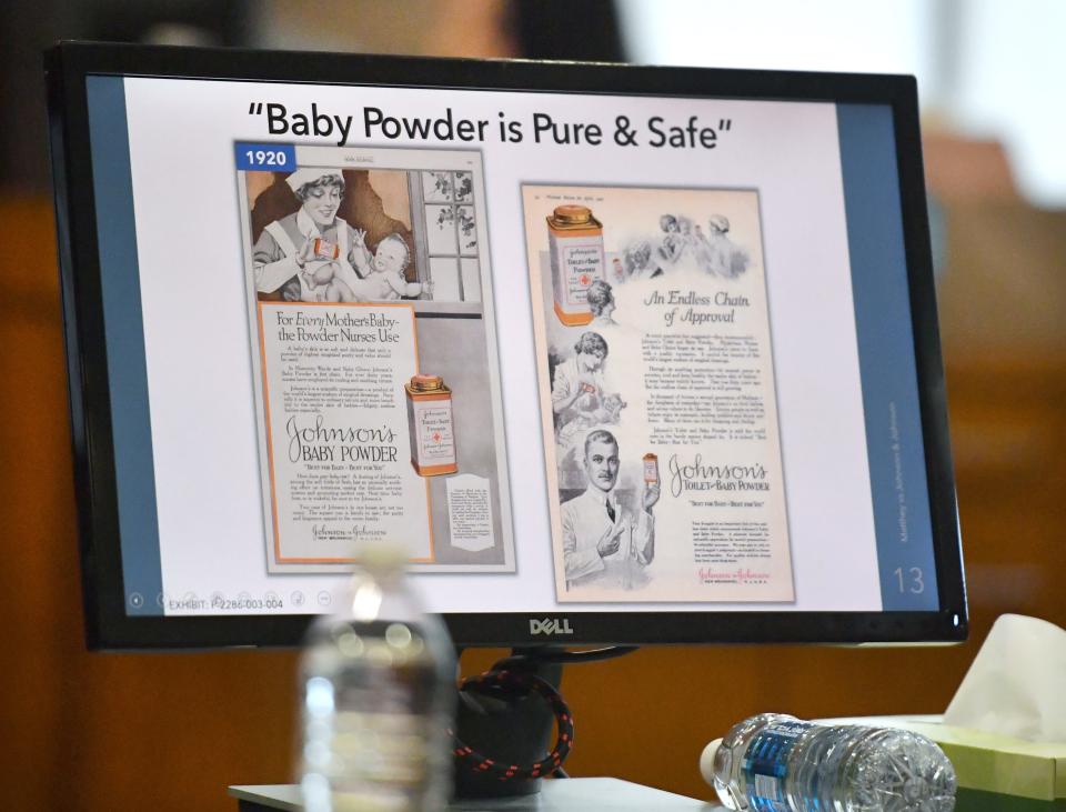 Attorney's for the estate of Patricia Matthey displayed a Johnson & Johnson Baby Power advertisment from 1920 marketing the product at "Pure & Safe" during opening statements in a civil trial that began Monday. The plaintiff's allege that Matthey's use of Johnson & Johnson Baby Power caused the ovarian cancer that lead to her death in August 2016.