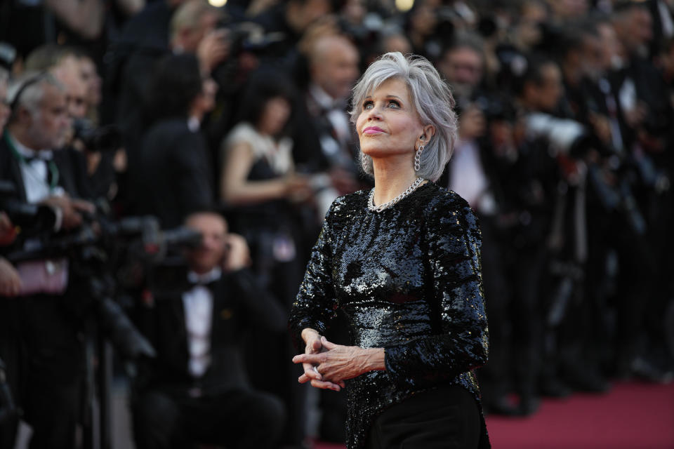 Jane Fonda poses for photographers upon arrival at the awards ceremony during the 76th international film festival, Cannes, southern France, Saturday, May 27, 2023. (AP Photo/Daniel Cole)