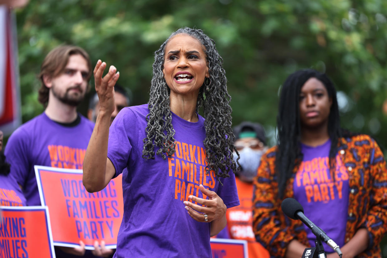 NYC Mayoral candidate Maya Wiley speaks during a New York Working Families Party GOTV Rally for their endorsed candidates in Fort Greene Park on June 11, 2021 in the Fort Greene neighborhood of Brooklyn borough in New York City. (Michael M. Santiago/Getty Images)
