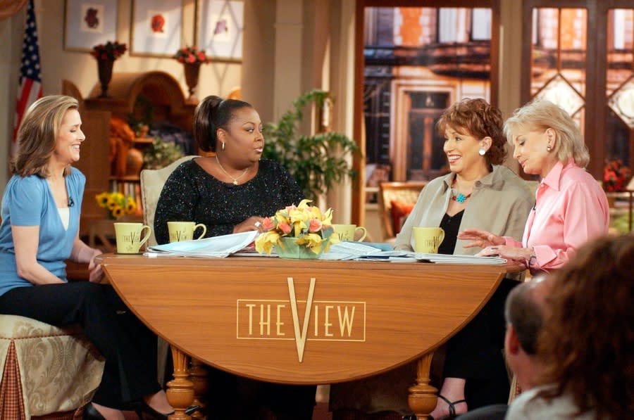 FILE – (L-R) Meredith Vieira, Star Jones, Joy Behar and Barbara Walters on the set of “The View” on June 5, 2003, in New York (AP Photo/Ed Bailey, File)