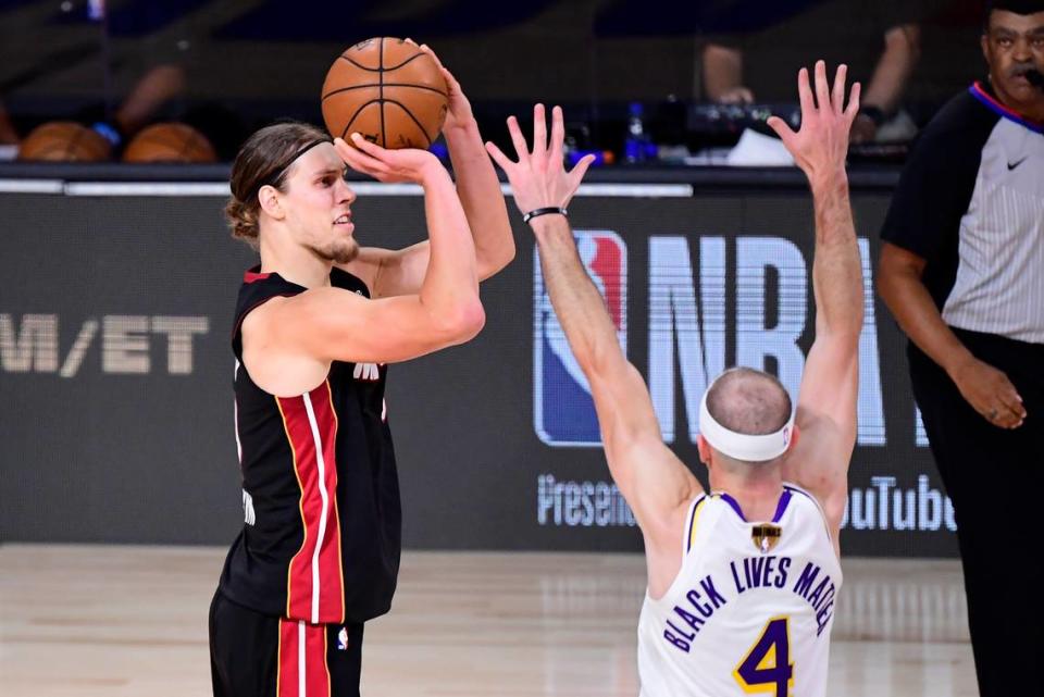 Kelly Olynyk #9 of the Miami Heat shoots the ball during the second half against the Los Angeles Lakers in Game 3 of the 2020 NBA Finals at AdventHealth Arena at ESPN Wide World Of Sports Complex on Oct. 4, 2020 in Lake Buena Vista.