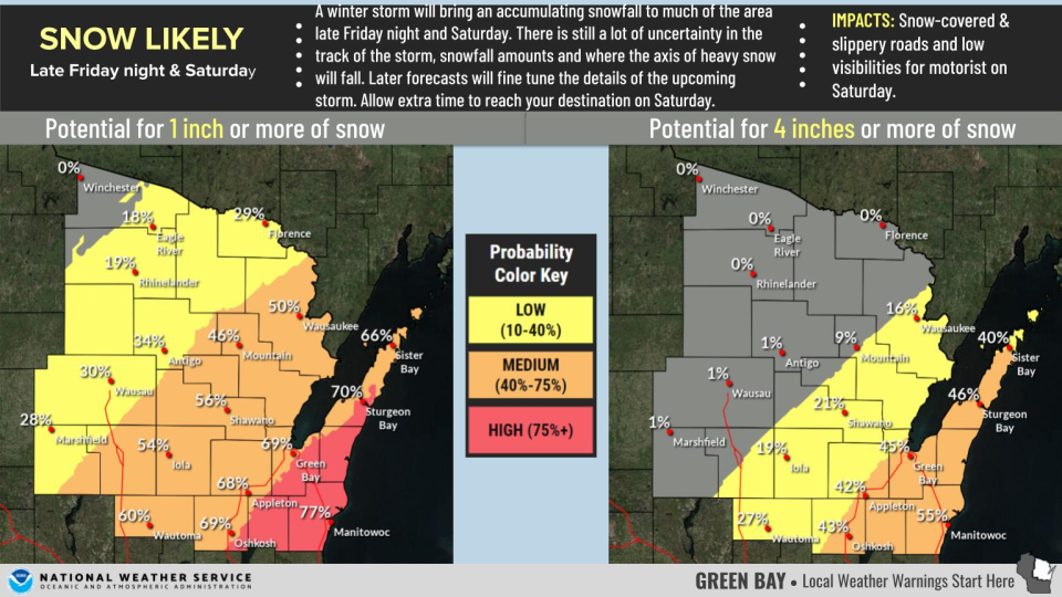 A probability map for possible snowfall Saturday in northeastern Wisconsin, released on March 23, 2023. Some regions could see over 4 inches.