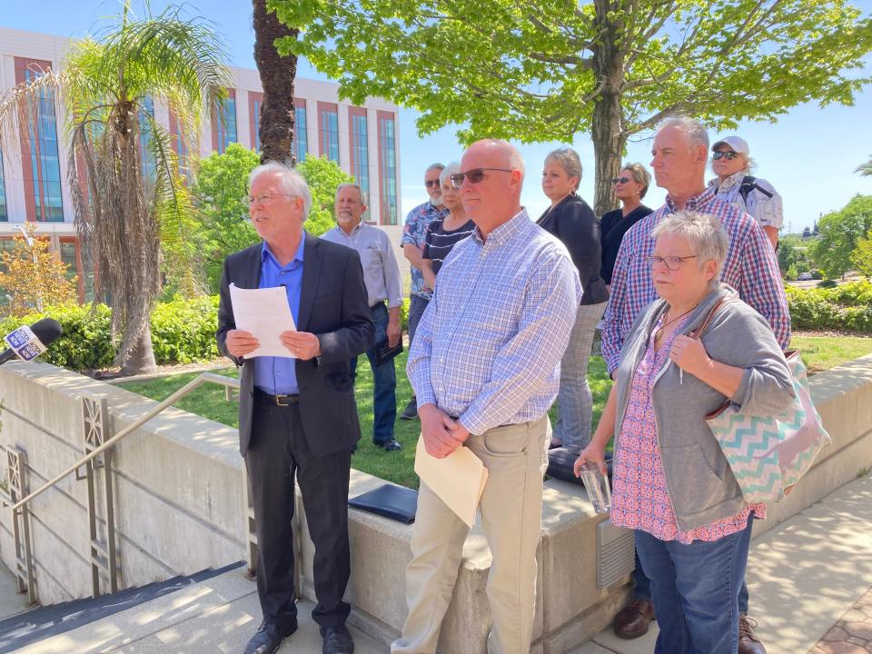 The citizens group that served Shasta County District 1 Supervisor Kevin Crye a notice to recall at the Tuesday, April 25, 2023, board meeting addresses the media in downtown Redding.