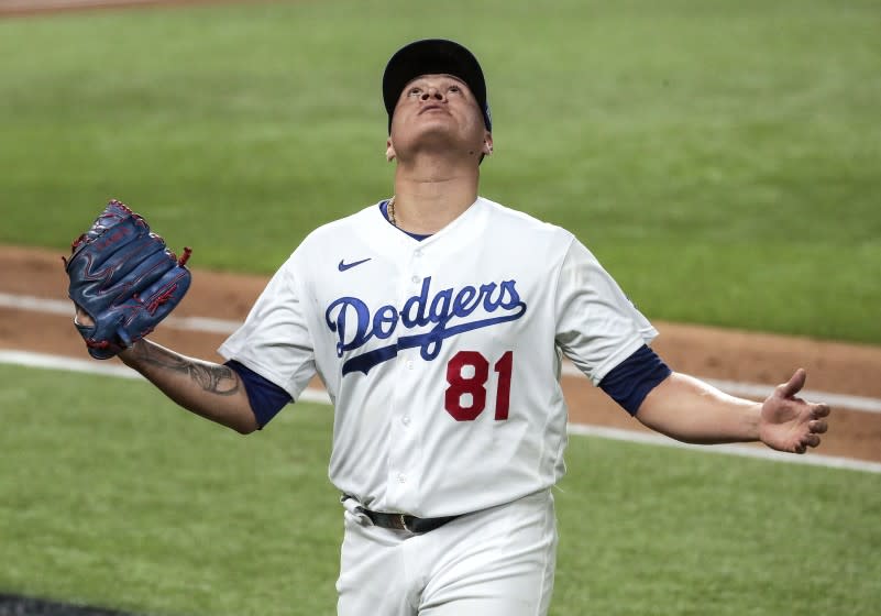 Arlington, Texas, Wednesday, October 21, 2020 Los Angeles Dodgers starting pitcher Victor Gonzalez.