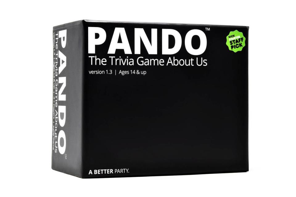 This image shows Pando, he Trivia Game About Us, where players draw cards and read questions aloud to see who knows best. (Pando via AP)