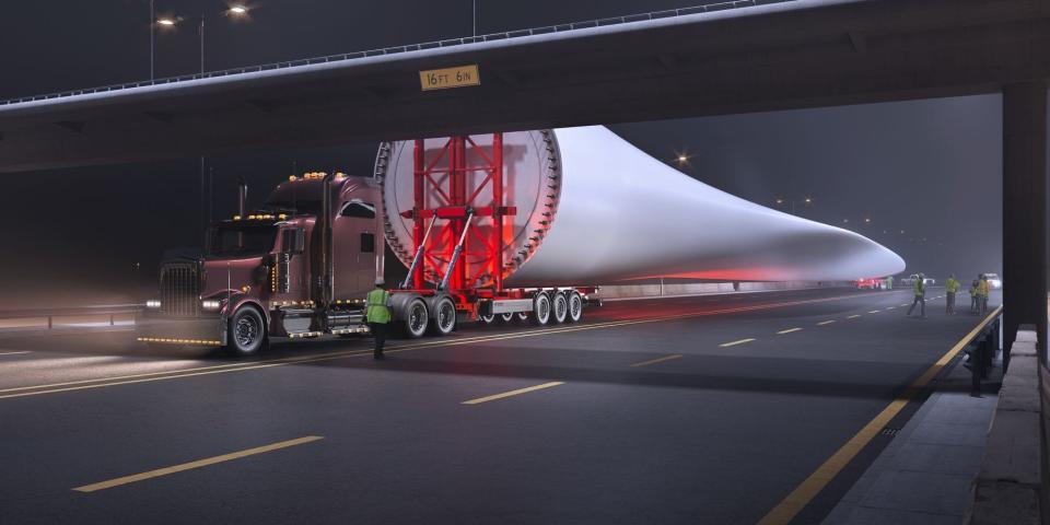 Rendering of a truck transporting a large wind turbine blade.