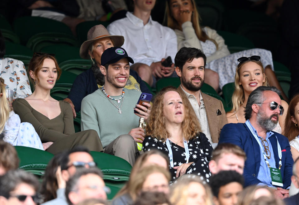 Phoebe Dynevor, Pete Davidson, Jack Whitehall and Roxy Horner hosted by Lanson attend day 6 of the Wimbledon Tennis Championships at the All England Lawn Tennis and Croquet Club on July 03, 2021. (Karwai Tang / WireImage)