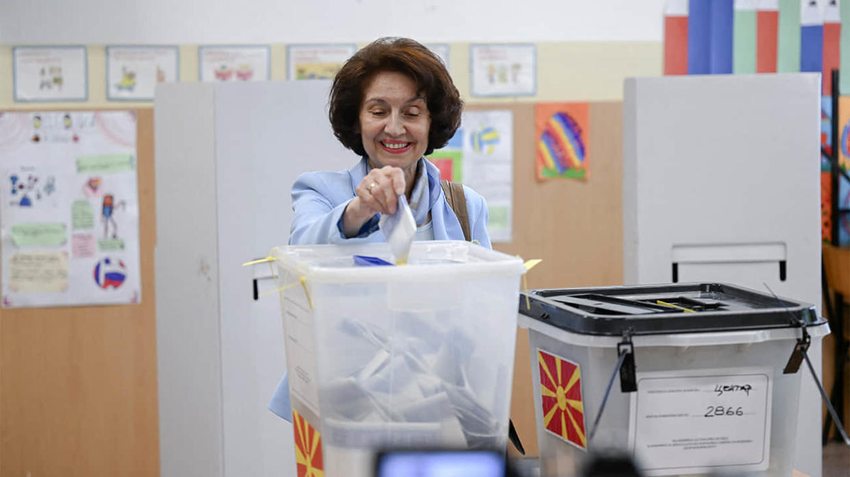 Gordana Siljanovsk-Davkova casts her ballot at a polling station in Skopje on May 8. Stock photo: Getty Images