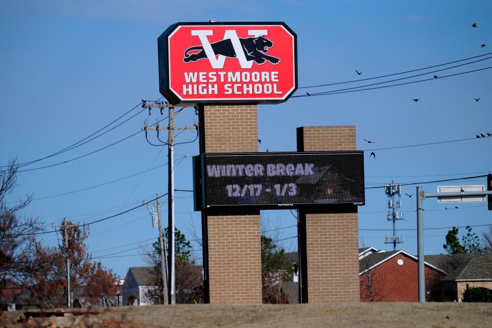 A Westmoore High School sign along S Western Avenue announces the school's winter break.