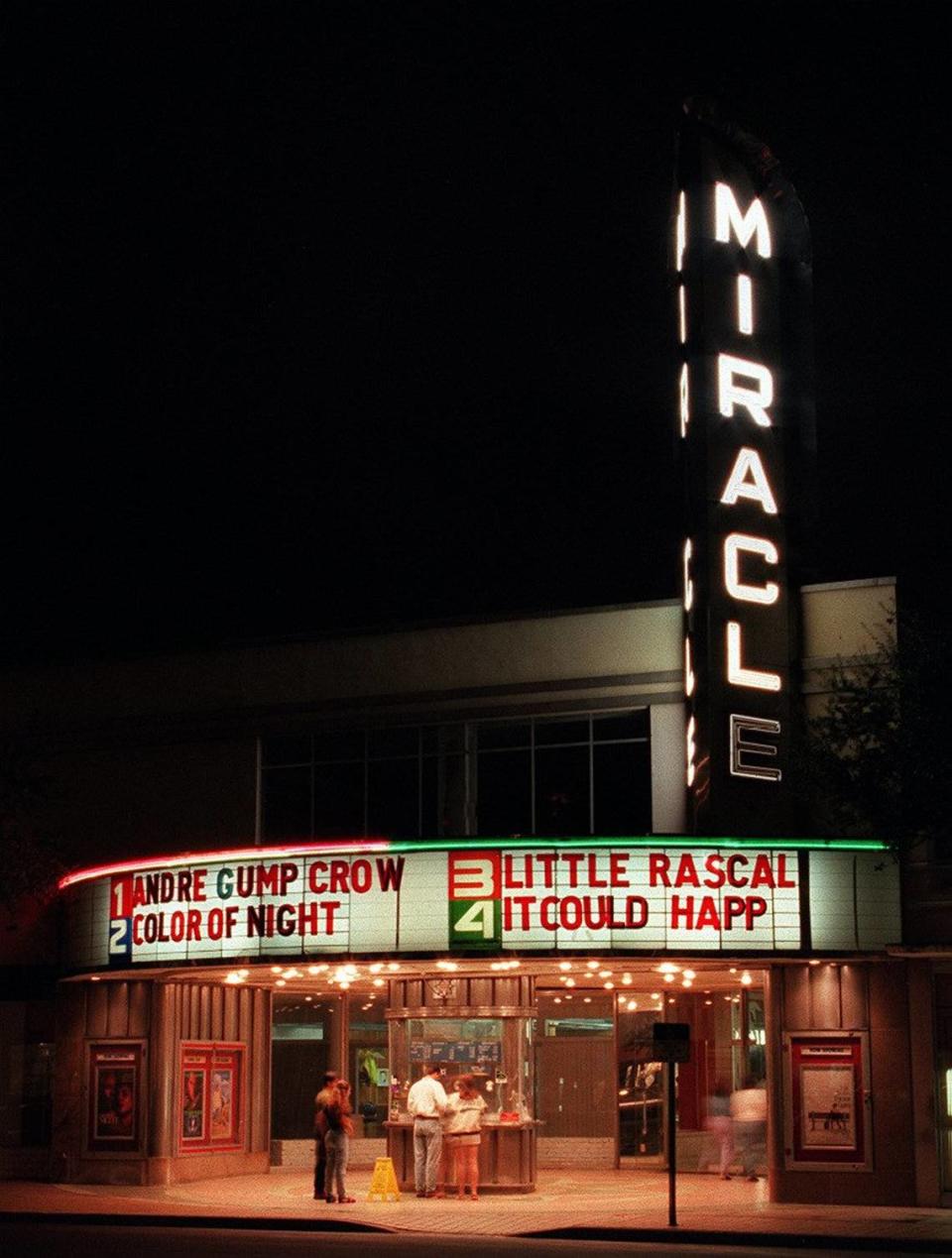 The Miracle Theatre in Coral Gables when it was a four-screen multiplex in 1994, showing movies including “Color of Night” and “It Could Happen to You” in this file photo from 1994. A year later the theater was purchased by Coral Gables and became the new home for Actors’ Playhouse.