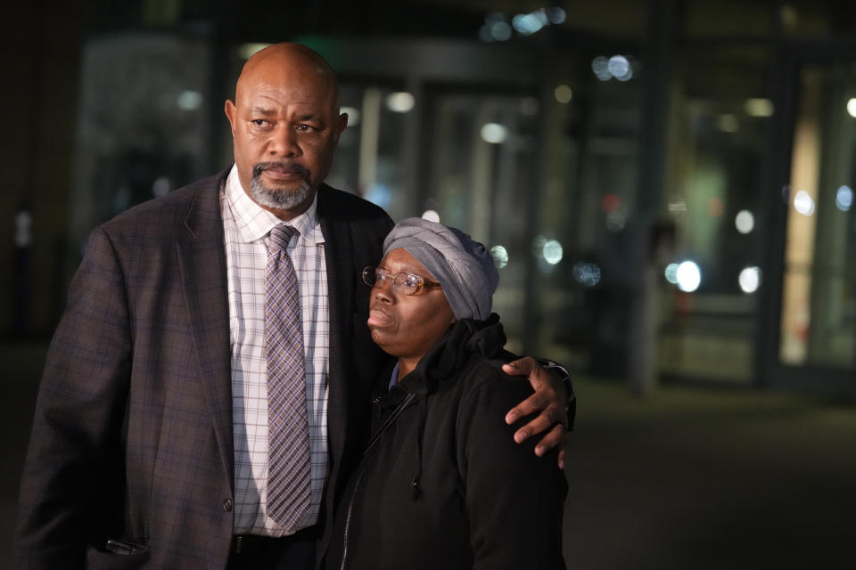 FILE - Sheneen McClain, Elijah McClain's mother, is consoled by Omar Montgomery outside the Adams County, Colo., Justice Center after a verdict is rendered, Dec. 22, 2023, in Brighton, Colo. Randy Roedema, the only police officer convicted of killing Elijah McClain, faces anywhere from probation to several years behind bars when a judge decides his punishment Friday, Jan. 5, 2024. (AP Photo/David Zalubowski, File)