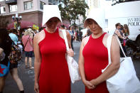 <p>Cosplayers dressed as Handmaids (in summer wear) at Comic-Con International on July 19, 2018, in San Diego. (Photo: Tommaso Boddi/Getty Images) </p>