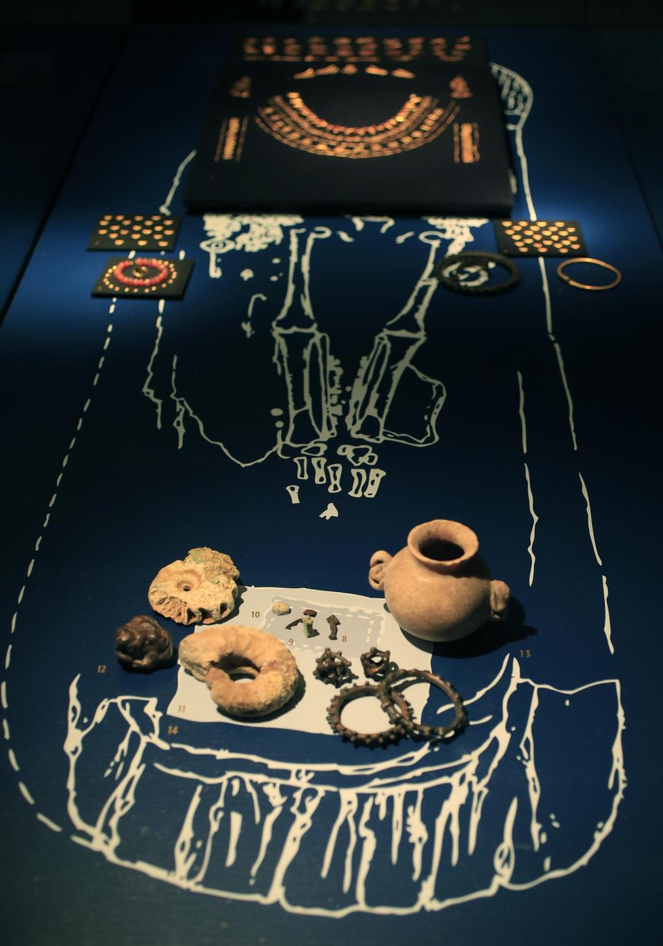 A grave inventory of a Late-Scythian elite woman from the first century A.D., is displayed as part of the exhibit called The Crimea - Gold and Secrets of the Black Sea, at Allard Pierson historical museum in Amsterdam Friday April 4, 2014. The museum has gotten more than the bronze swords, golden helmets and precious gems it bargained for as it is unsure where to return the collection after Russia annexed Crimea. (AP Photo/Peter Dejong)