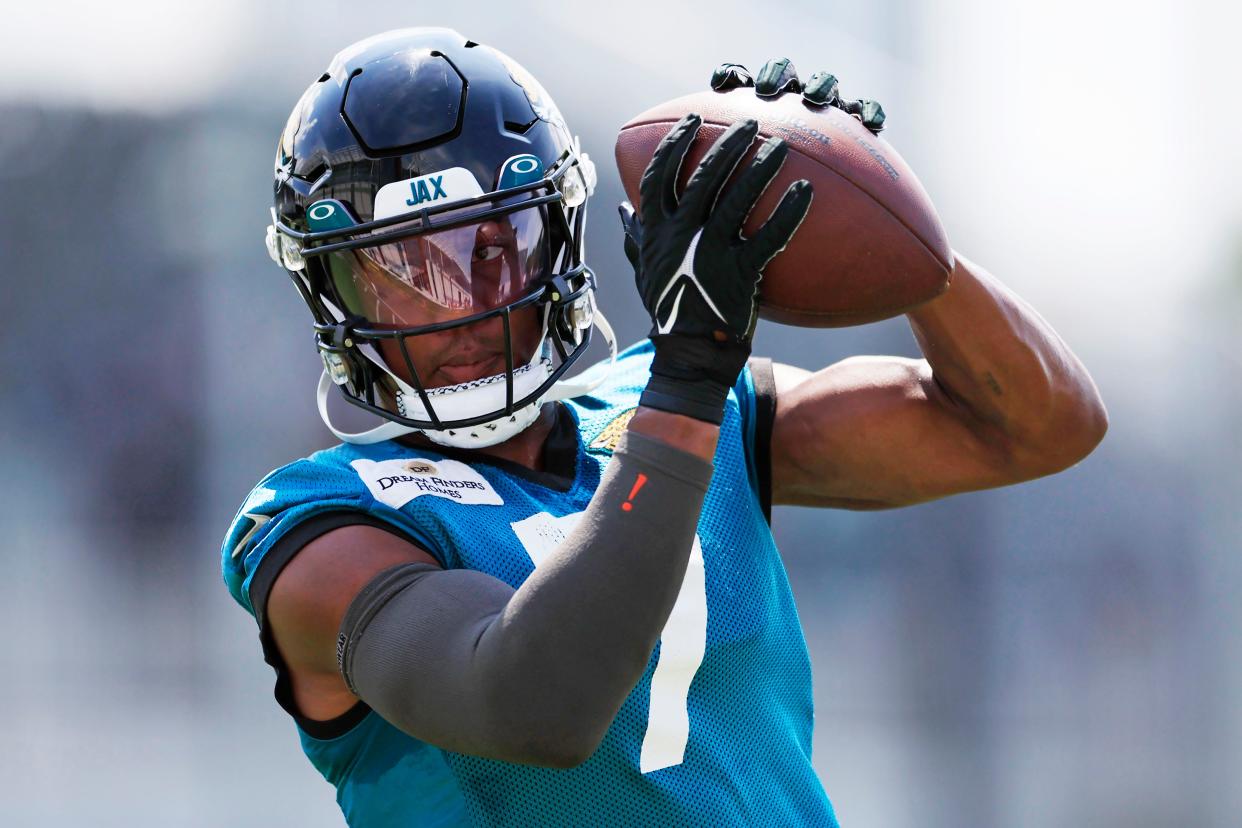 Jacksonville Jaguars wide receiver Zay Jones (7) catches a pass Monday, Aug. 14, 2023 at Miller Electric Center at EverBank Stadium in Jacksonville, Fla. Today was the 14th training camp session. 