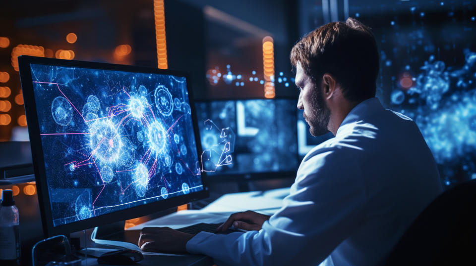 A biological researcher studying the interaction of GABAA receptors on a computer screen.