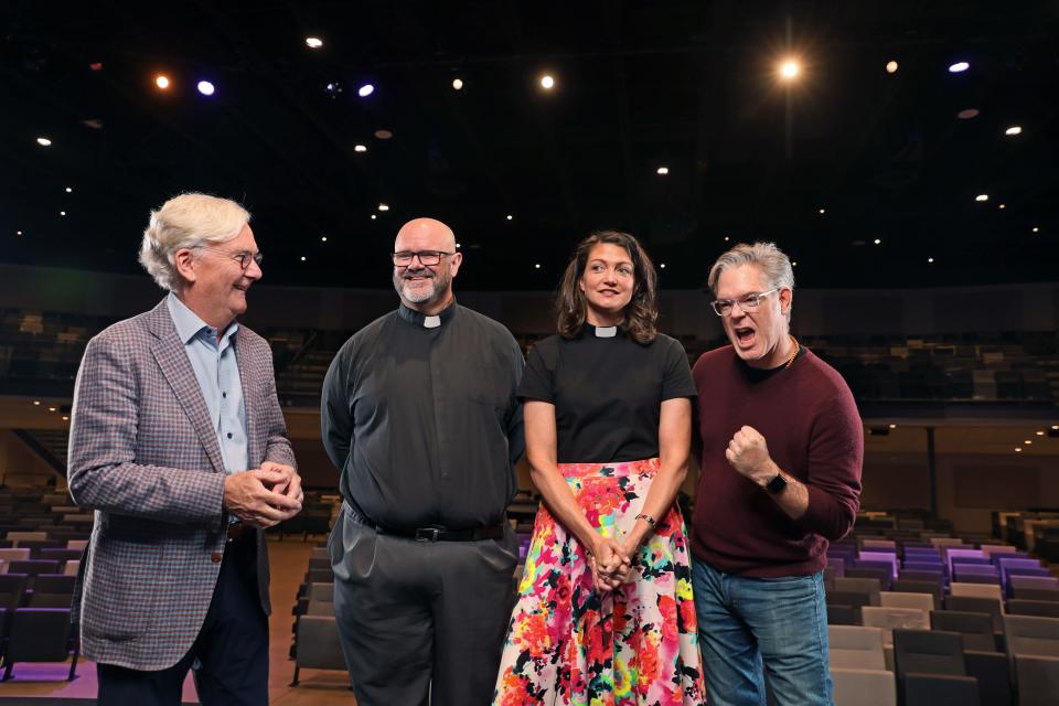 From left: The Rev. Marty Grubbs, the Rev. David Wheeler, the Rev. Lori Walke and the Rev. Landon Whitsitt share a laugh while posing for a photo at Crossings Community Church.