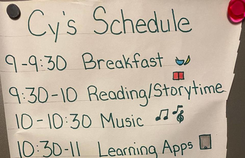 Schedules can help break up the day, including time for waking up and bedtime, work, school work, exercise and family time.