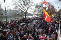 <p>March to Leave protesters walk along the river Thames, London (PA) </p>