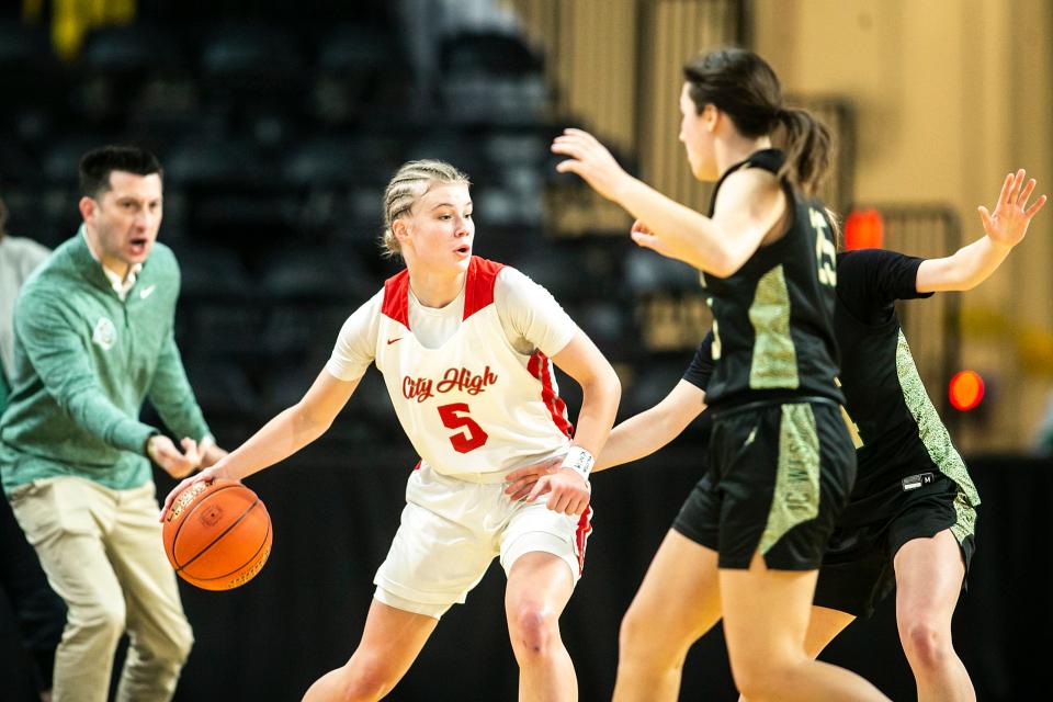 Iowa City High's August Palmer (5) led her team in multiple statistical categories as a sophomore.