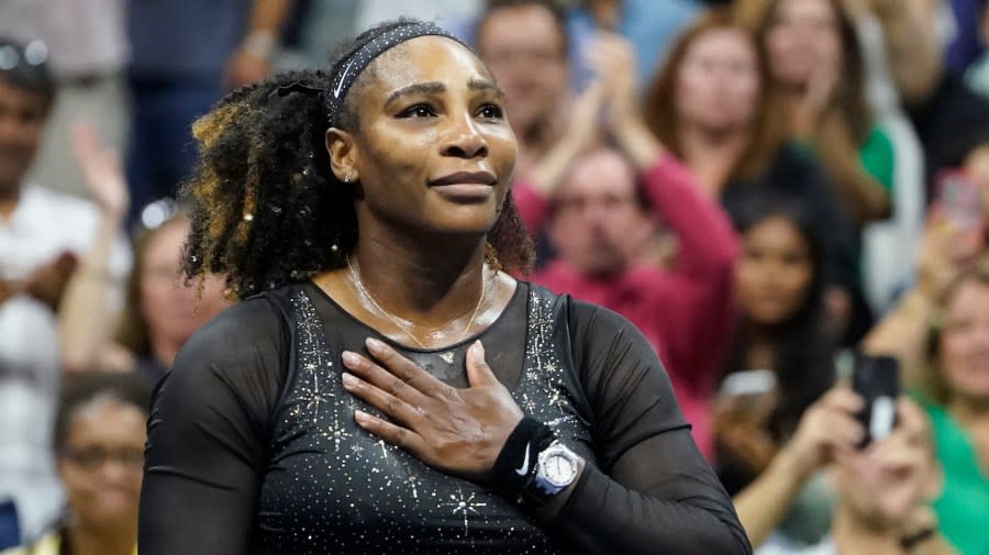 <em>Serena Williams acknowledges the crowd after losing during the third round of the U.S. Open tennis championships, Sept. 2, 2022, in New York. (AP Photo/John Minchillo, File)</em>