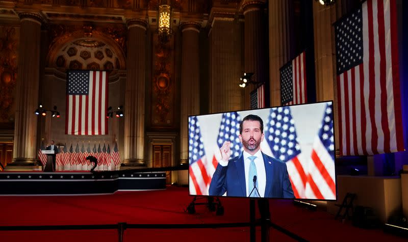Donald Trump Jr. delivers a pre-recorded speech to the largely virtual Republican National Convention from Washington