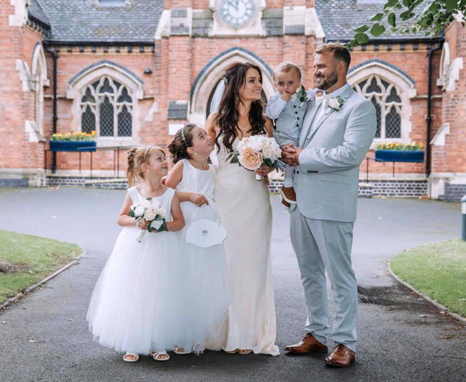 The couple saved thousands on their dream day. Pictured with children Morgan, 10 (second lef) and Shelby 8, and the couple’s son Jett, 2. (Caters)