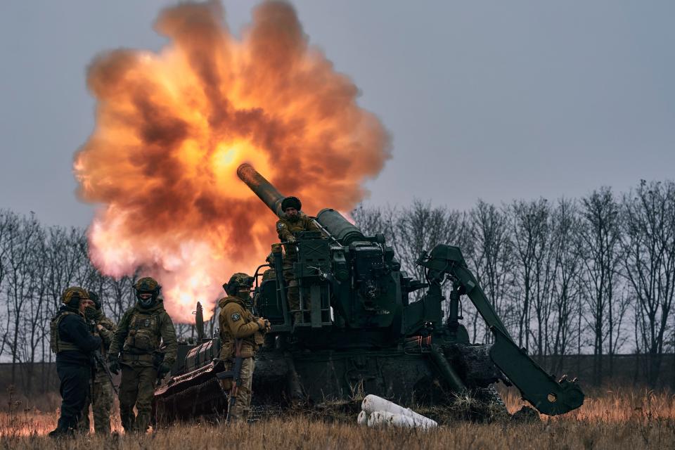 Ukrainian soldiers fire a Pion artillery system at Russian positions near Bakhmut, Donetsk region (AP)