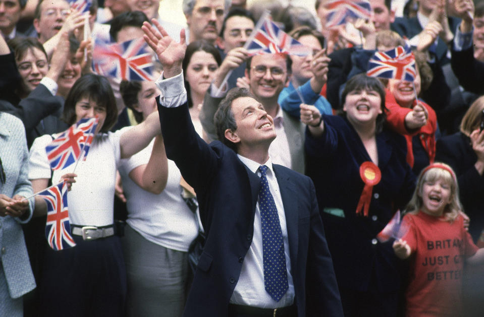 Tony Blair arriving in Downing Street after winning the election in May 1997. Blair, the man of “New Labour” gambled on a new sartorial choice when in office by often wearing Paul Smith. - Credit: BBC News & Current Affairs via G