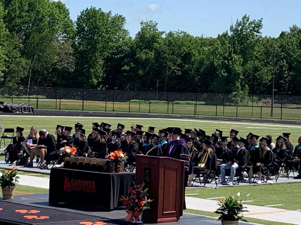 Mayor Michael Nicholson addresses the Class of 2022 during a commencement ceremony at Gardner High School on Saturday, June 4.