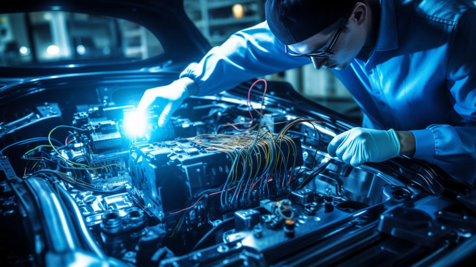 A technician working on an automotive electronic, showcasing the company's dedication to innovation.