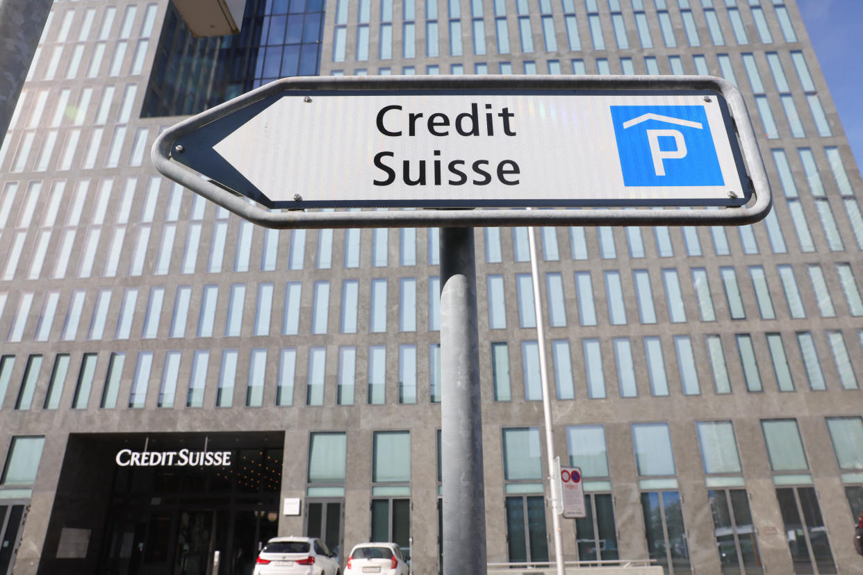 A view shows a signage of Swiss bank Credit Suisse in front of an office building in Zurich, Switzerland March 16, 2023. REUTERS/Denis Balibouse