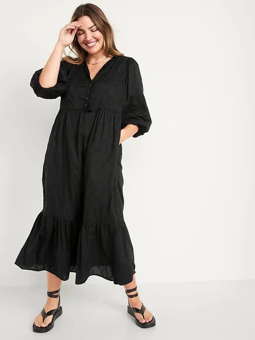 <p>Some breezy dresses look too summery but this <span>Old Navy Tie-Neck 3/4-Sleeve Maxi Swing Dress</span> ($50) is one we'd reach for year-round (in either solid black or a dark black floral pattern). </p>