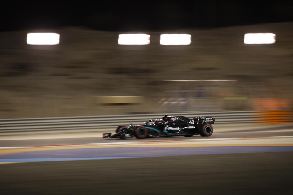 Mercedes driver George Russell of Britain steers his car during the first free practice at the Formula One Bahrain International Circuit in Sakhir, Bahrain, Friday, Dec. 4, 2020. The Bahrain Formula One Grand Prix will take place on Sunday. (Hamad Mohammed, Pool via AP)