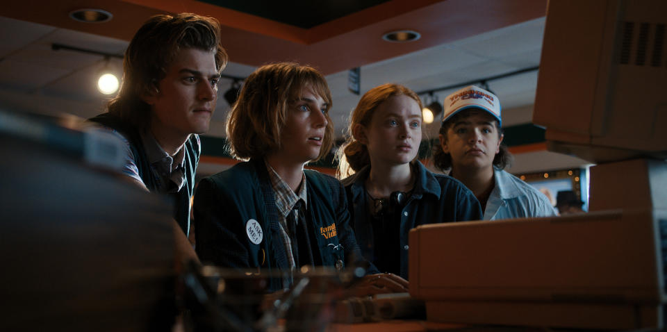 (L-R) Stranger Things 4 cast-members Joe Keery as Steve Harrington, Maya Hawke as Robin Buckley, Sadie Sink as Max Mayfield, and Gaten Matarazzo as Dustin Henderson (Netflix)  