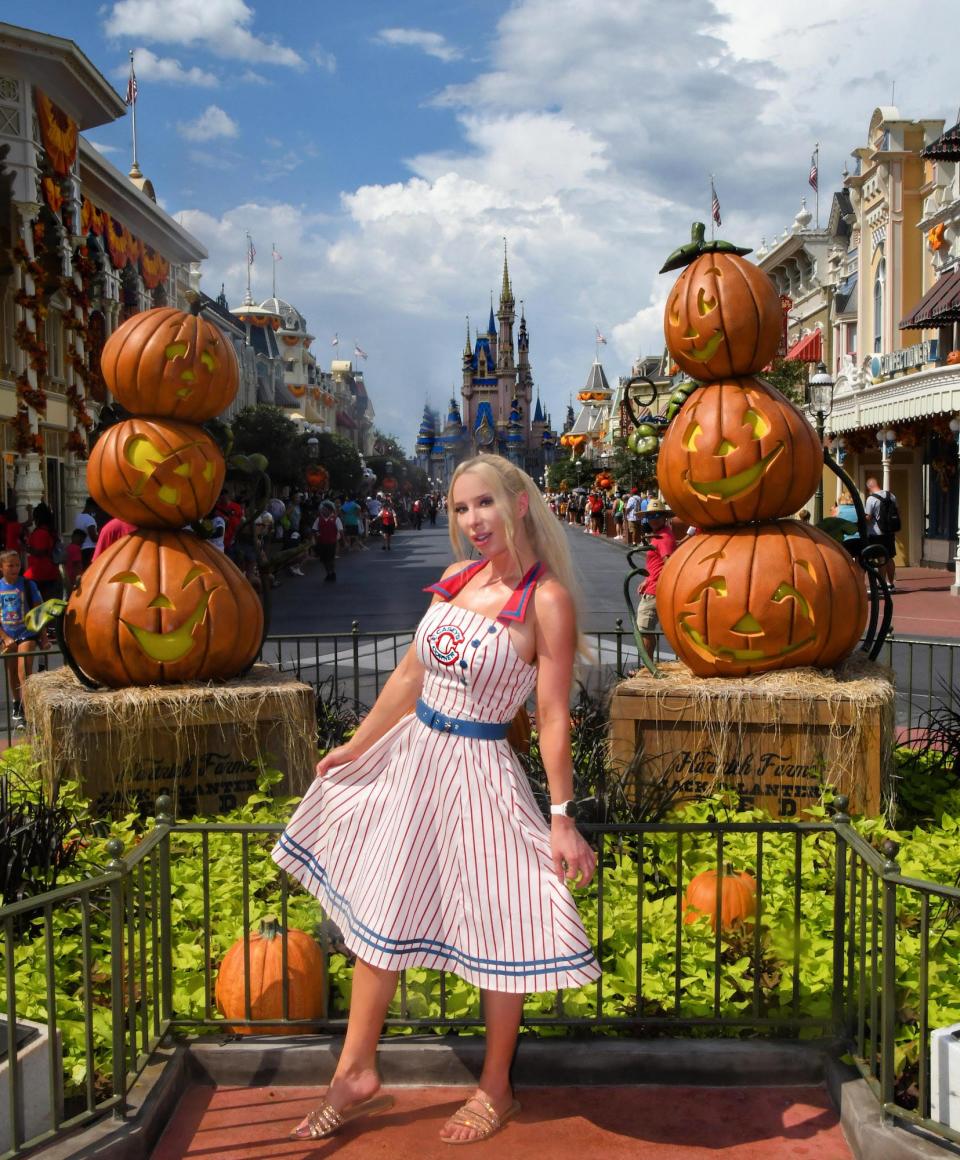 A Disney World fan wears a dress inspired by the Casey's Corner restaurant.