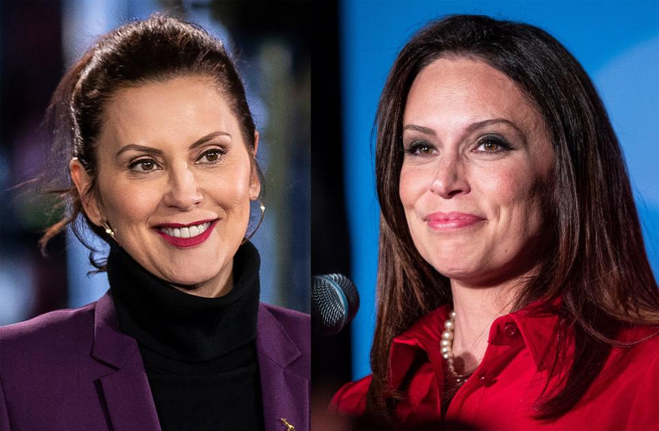 At left, Gov. Gretchen Whitmer before the pre-tape of her State of the State speech at Detroit Diesel in Redford Township on Jan. 26, 2022, and on right, Tudor Dixon makes a victory speech after winning the Republican Party nomination for governor at the Amway Grand Plaza Hotel in downtown Grand Rapids on Aug. 2, 2022.