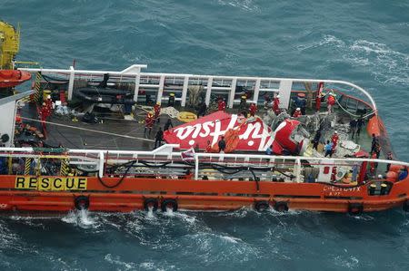 The tail of AirAsia QZ8501 passenger plane is seen on the deck of the Indonesian Search and Rescue (BASARNAS) ship Crest Onyx after it was lifted from the sea bed, south of Pangkalan Bun, Central Kalimantan January 10, 2015. REUTERS/Suharso/Pool