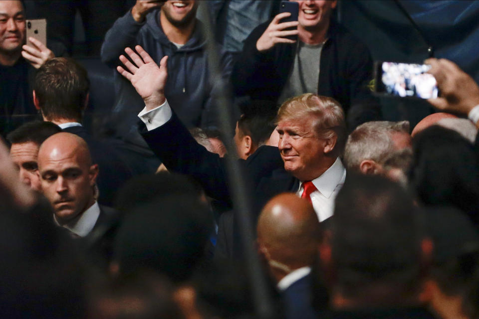 President Donald Trump arrives at the UFC 244 mixed martial arts event, Saturday, Nov. 2, 2019, in New York. (AP Photo/Frank Franklin II)