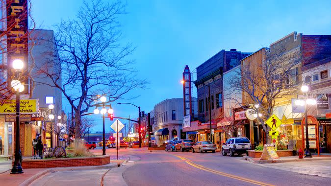 Casper, Wyoming, USA - April 30, 2019: Evening view of 2nd Street in the heart of historic downtown Casper.