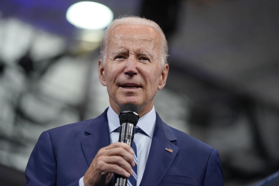 FILE - President Joe Biden speaks about gun violence and his crime prevention plans at Wilkes University, Tuesday, Aug. 30, 2022, in Wilkes-Barre, Pa. On Friday, Sept. 2, The Associated Press reported on stories circulating online incorrectly claiming Biden has officially filed for reelection with the Federal Election Commission.(AP Photo/Evan Vucci)