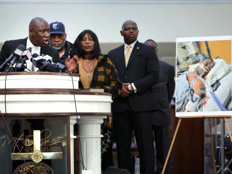 Flanked by the parents of Tyre Nichols and faith and community leaders, civil rights attorney Ben Crump speaks next to a photo of Nichols during a press conference on January 27, 2023 in Memphis, Tennessee.