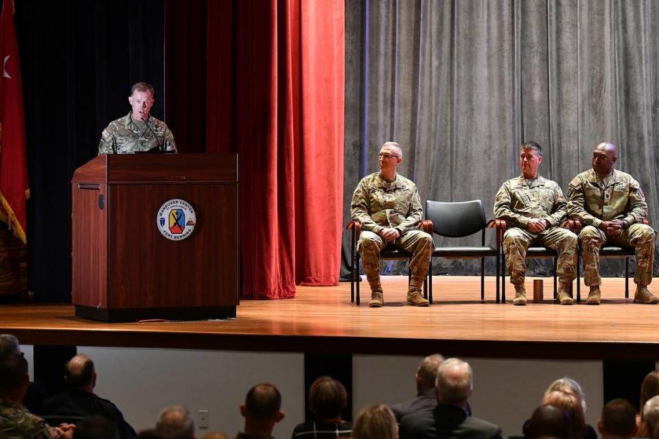 Maj. Gen. Curtis A. Buzzard, far left, took command of the U.S. Army Maneuver Center of Excellence and Fort Benning from Maj. Gen. Patrick J. Donahoe during a change of command ceremony at Fort Benning Thursday morning. 07/14/2022