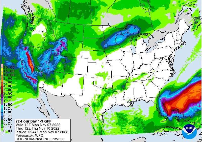 Precipitation forecast for Monday through Thursday as Subtropical Storm Nicole approaches Florida.