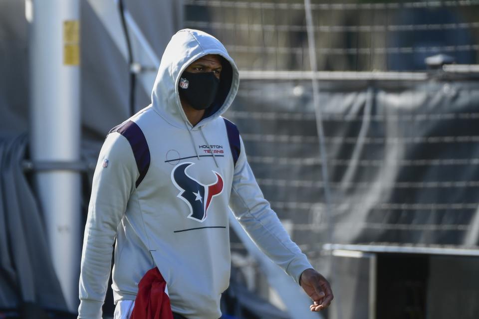 Houston Texans quarterback Deshaun Watson arrives to NFL football practice Wednesday, July 28, 2021, in Houston. (AP Photo/Justin Rex)